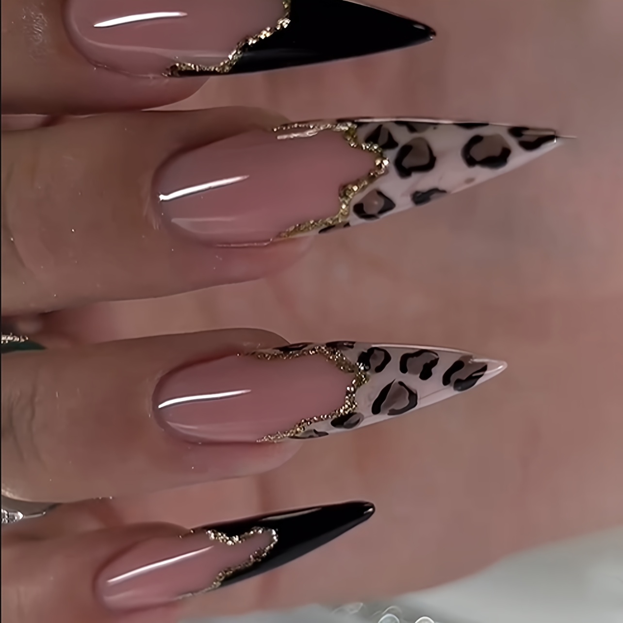 

24pcs Elegant French Leopard Print & Black Stiletto Press-on Nails With - Extra Long, Shape, Nude & -purple Palette With Golden Accents For Chic Fall/autumn Look