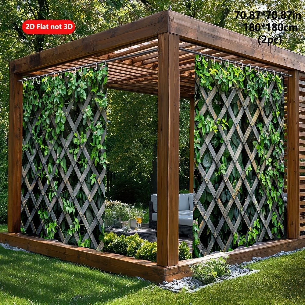 TEMU Open 2pcs Outdoor Curtains Green Leaves On The Wooden Fence Yard Curtains Machine Washable Polyester Fabric Curtain Suitable For Garden, Patio,