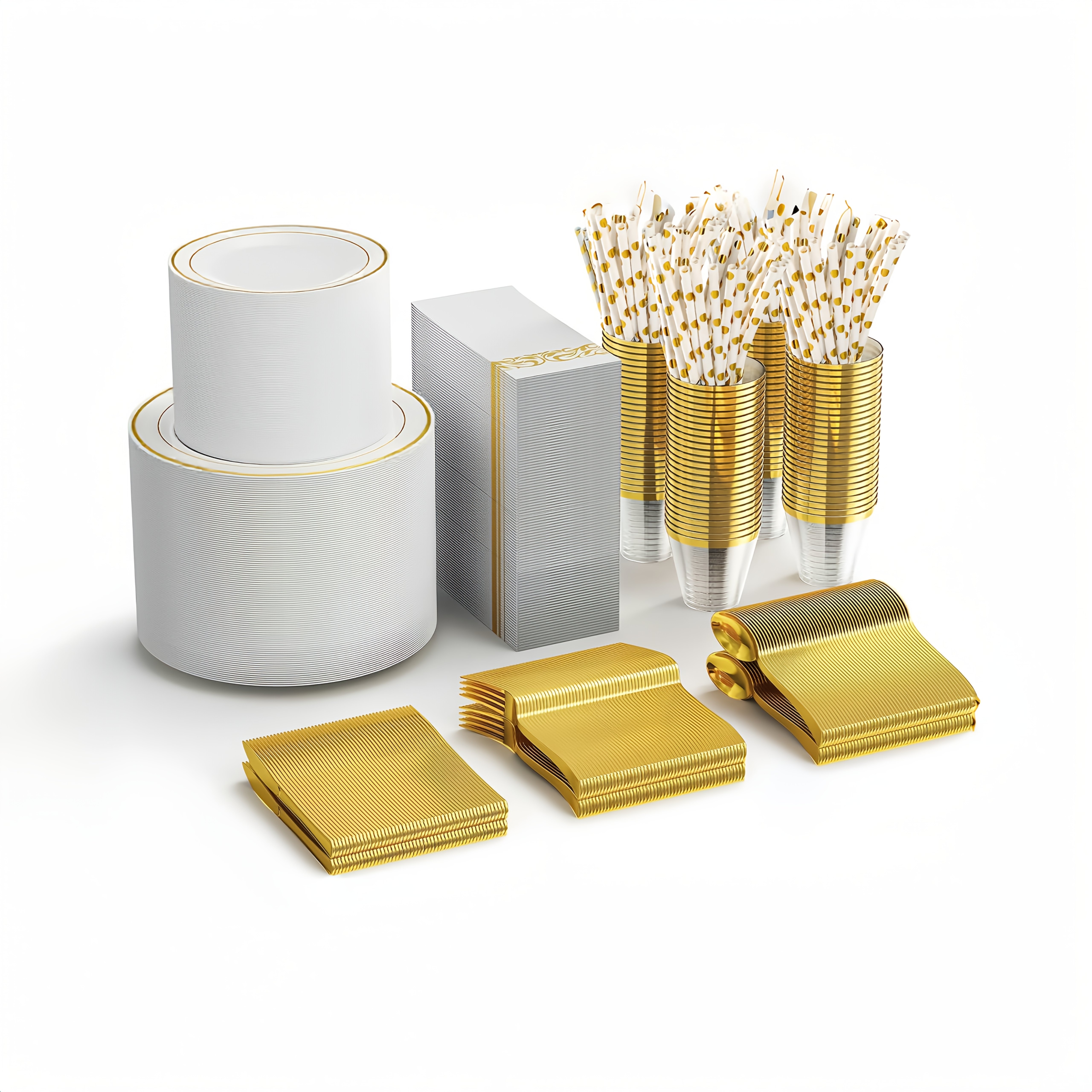 WDF 50Guest Golden Plastic Plates - Disposable White And Golden/Silver Plastic Plates Including 100 Large And Small Dinner Plates, 150 Golden/Silver Plastic Knife, Fork And Spoon, 50 Cups, 50 Napkins, Perfect for Weddings And Parties