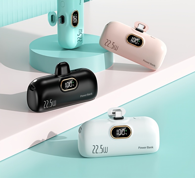 迷你便携充电宝5000毫安，带led电量显示，体积小巧容量大，22.5w超级快充，内置type-c接口，轻便易携，适用于三星/小米/ 等手机，应急备用电源, 旅行充电器,轻量化充电器,时尚移动电源,可靠的移动电源,usb-c 充电器,户外爱好者,科技爱好者 商品详情 1