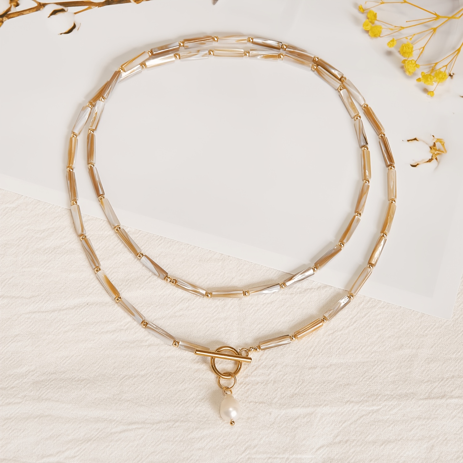 TEMU Lineargems Natural Stone & Necklace - Bohemian Linear Tube Bead Pendant Suitable For &, Layering Chain For Dresses, Casual Wear, Parties, Summer