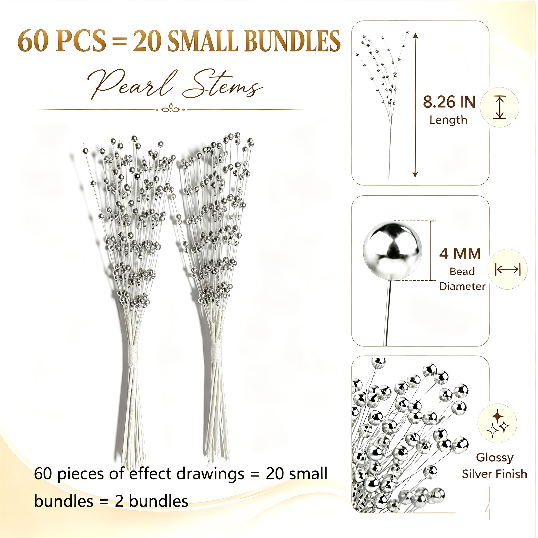 TEMU 60pz 20 Mazzi di di Perle per Bouquet, Perline da 4 mm, , Spray di Perline, Riempitivo per Composizioni , Decorazioni per Alberi, Matrimonio,