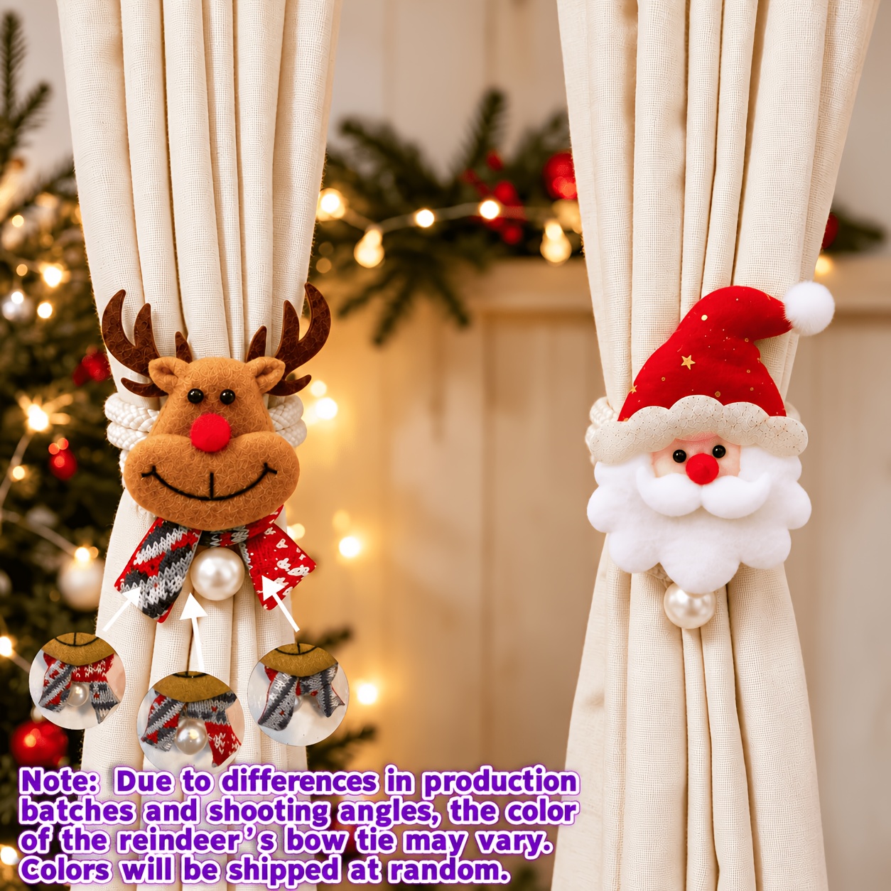 TEMU 2pcs Christmas Curtain Tiebacks, Santa Claus, Reindeer, Teddy Bear Plush Curtain Holdbacks With Pearl Accent Rope, Suitable For Living Room,
