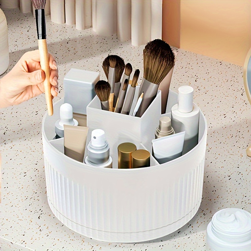 5 compartment 360 rotating makeup organizer luxury striped durable   plastic desktop freestanding no assembly use without electricity Product details 1
