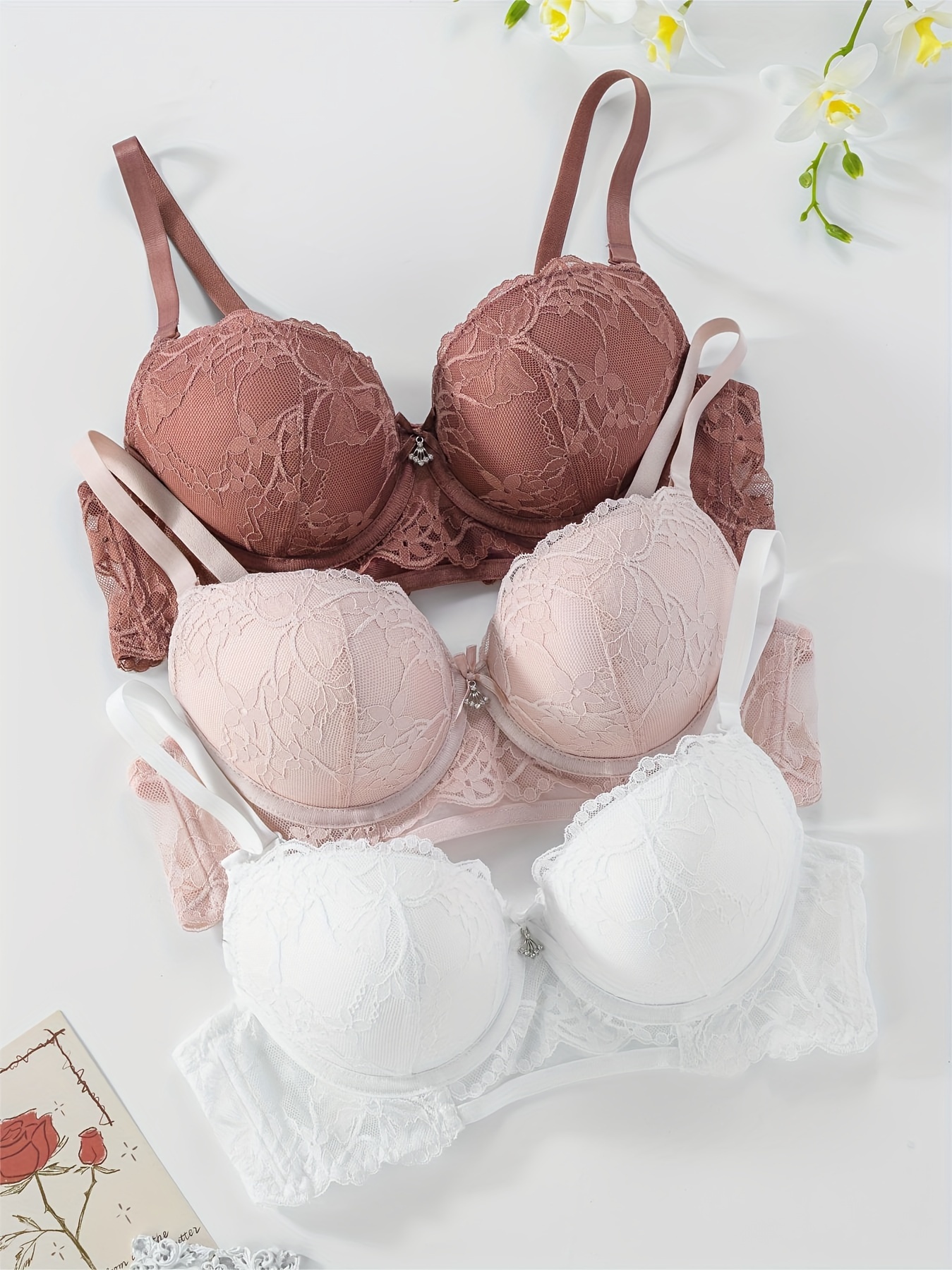 Elegant Solid Color Lace Bra Sexy Breathable Underwire Bra Temu