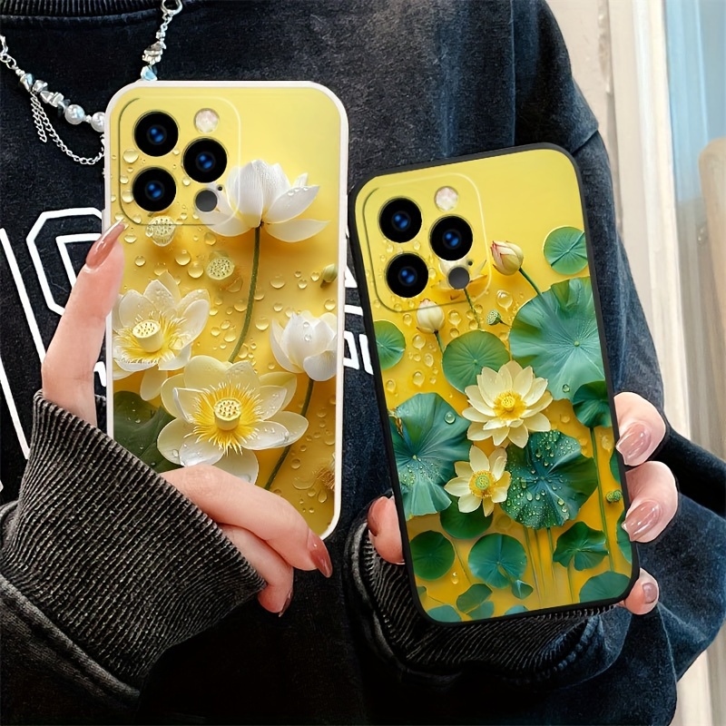 

Floral Tpu Phone Case For Iphone Series - Matte Yellow Lotus Design With Water Droplets - Lightweight Soft Protective Cover