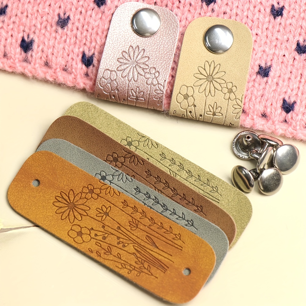 

Set Of 40 Leather Floral Tags With Snap Buttons For Crafts And Labeling - Embossed Keychain Pendant Shapes. Craft Sewing Labels Crochet Knitting Tags