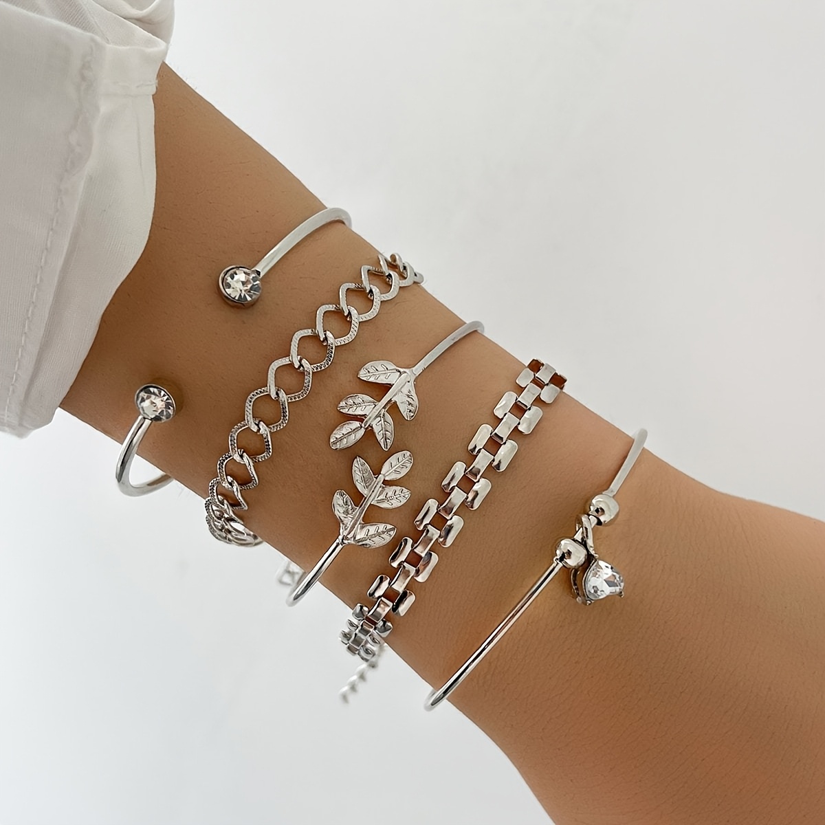 E-shop 5er-Set Strass Offener Armreif Set Einfach Vielseitig Klassisch Strass Blatt Kette Armband Offener Armreif Set Geschenk Feiertagsset