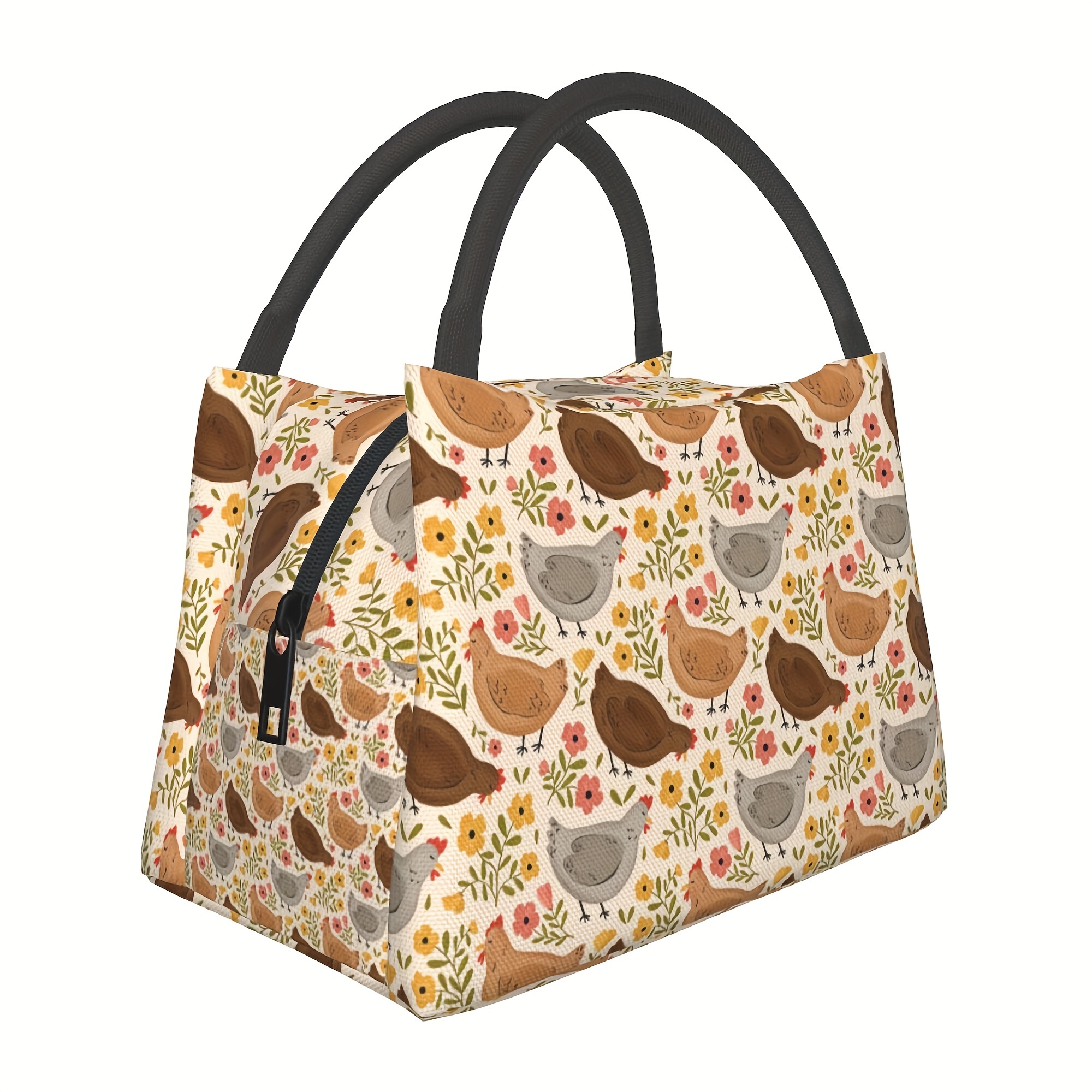 

Chic Chick & Floral Insulated Lunch Bag - Reusable, Portable Cooler For Work, Picnics, Beach Hikes | Durable Polyester, Hand Washable School Supplies，class，back To School