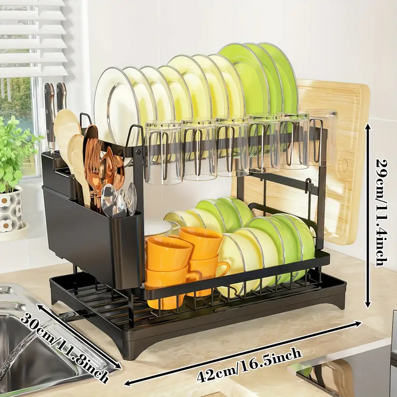 dish drying rack 2 tier dish racks for kitchen counter dish rack with mat dish drainer with knife fork cup rack gifts for women mothers day cool stuff kitchen gadgets Product details 1