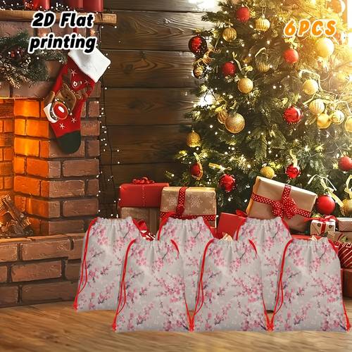 6pcs pattern print drawstring gift bags party favor bags double sided soft plush fabric durable drawstring closure durable fabric suitable for candy and snack storage wedding party graduation gift