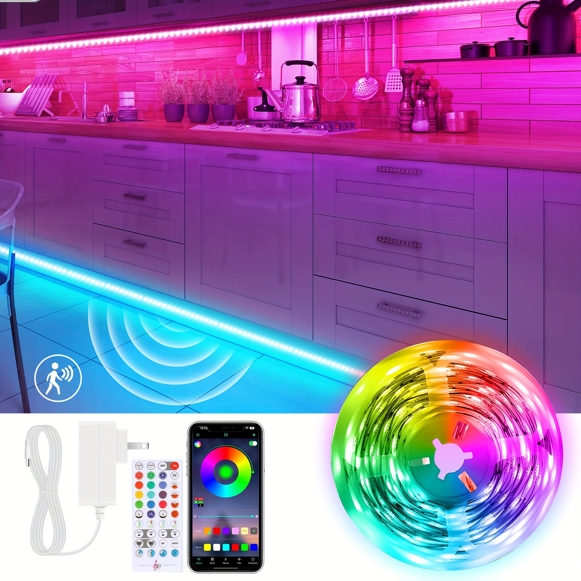 

8 Pcs Motion Sensor Rgb Under Cabinet Lights Kit, App And Remote Control Led Strip Lights, Music Color Changing Led Lights With Power Adapter, For Cabinet, Counter, Shelf, Bookcase, 13ft