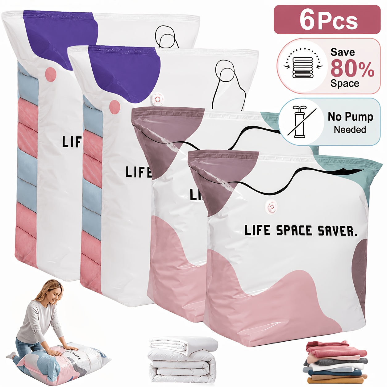 item picture 6pcs pump free compression storage bags reusable no vacuum   for clothes comforters quilts bedding   compress travel organizer with air   4 sizes   dorm room no pump required