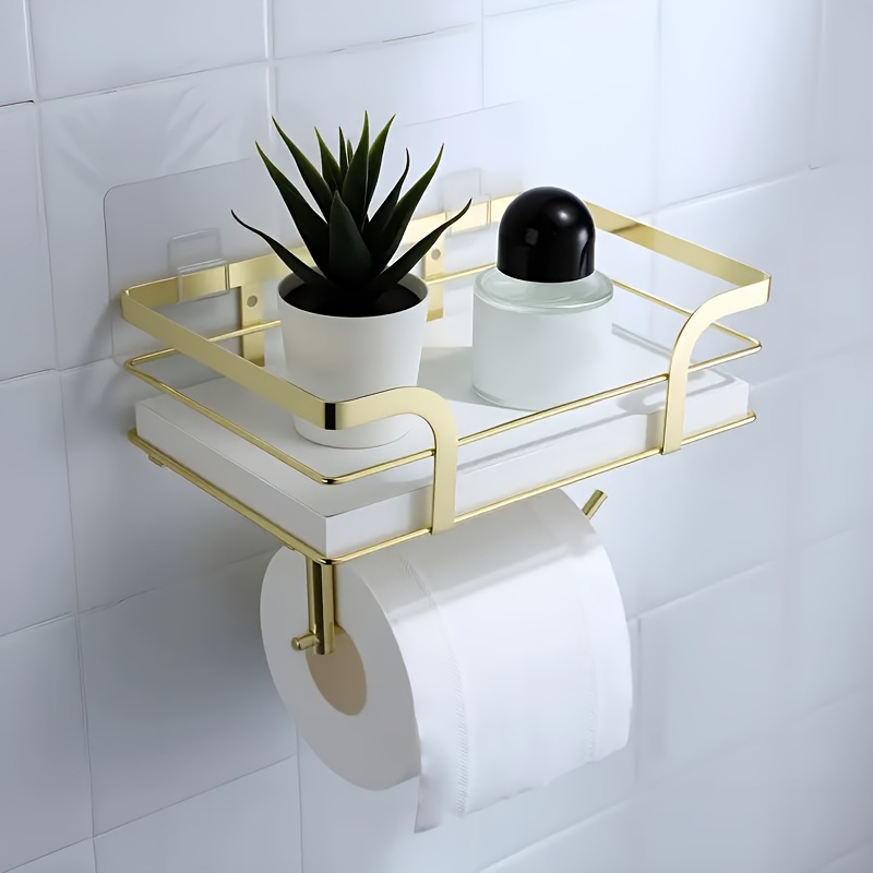 TEMU Double Layered Bathroom Toilet Paper Holder With Wooden Shelf And Phone Holder, Wall Mounted Screw Or Adhesive Installation, Rust Proof Paper
