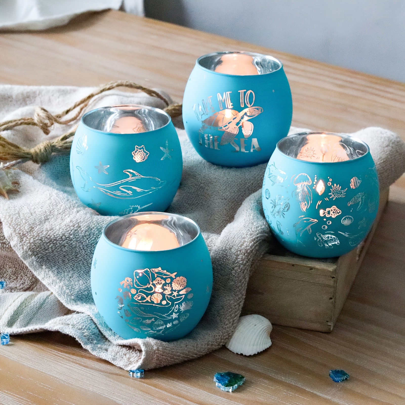 Image of 4 Holders Featuring Designs Of Turtles, Starfish, , Jellyfish, Whales, , And Shells - A Romantic Centerpiece For Dining Tables, Perfect For Homes, Beach Bars