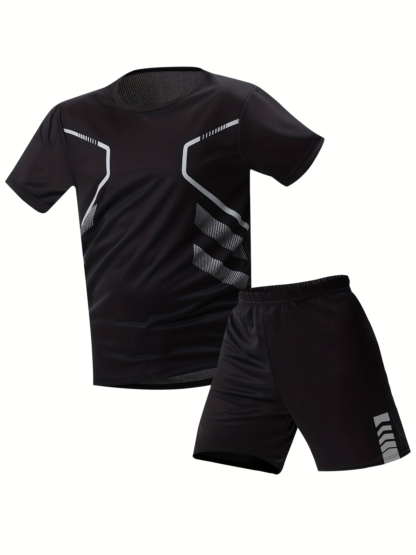 2pcs Men'S Summer Short Sleeve Suit - Casual Sporty Round Neck T-Shirt & Shorts Set, Breathable Polyester Blend, Regular Fit, White & Black with Orange Accents, Perfect for Outdoor Activities, Summer Casual Wear | Sporty Look | Comfortable Fit, Summer Shorts