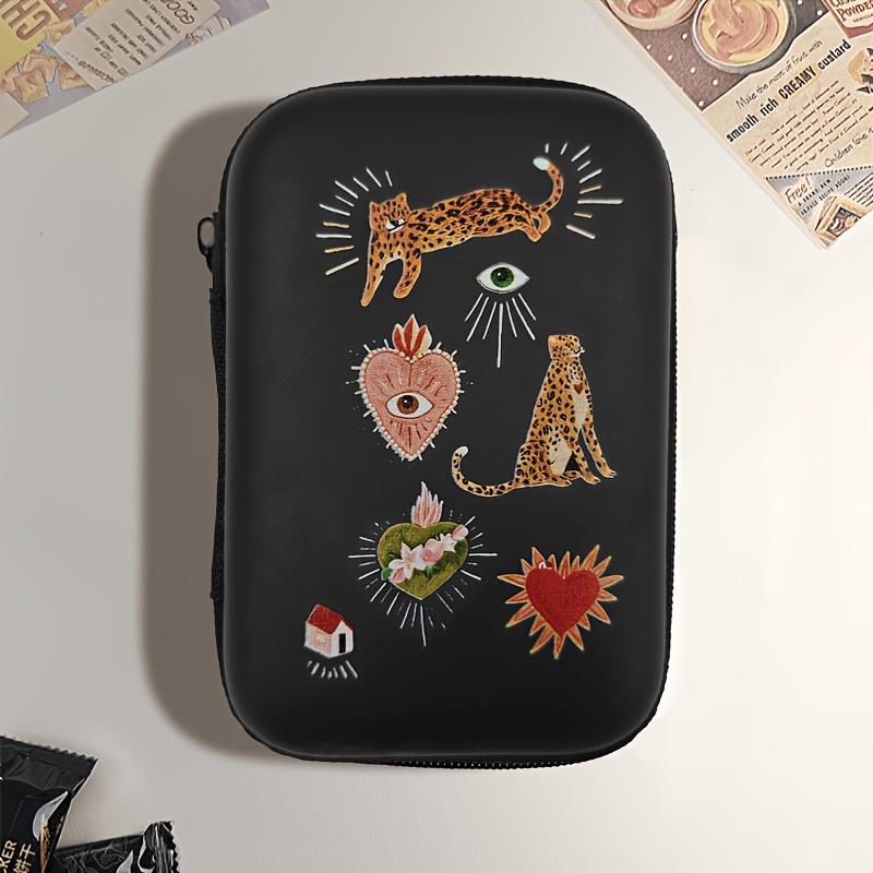 TEMU 4.3-inch Compact Organizer Pouch With An Eva Hard Frame, Featuring Trendy Patterns, Embroidered Animals, And Hearts | Sturdy Accessory Storage
