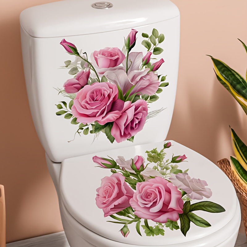 Image of 2pcs Pink Floral Toilet Stickers, Elegant Pink Rose Botanical Wall Decals, Home Decor, Background Wall Decoration, Self-adhesive Removable, For Living Room, Bedroom, Bathroom