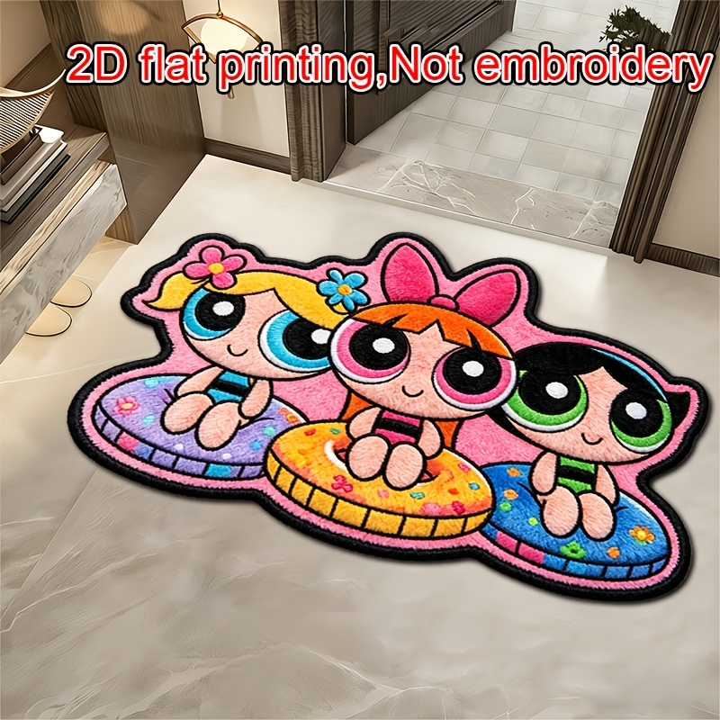 TEMU Wb The Powerpuff Girls Suitable For Home Decor - Irregular Floor Mat With Iconic Characters, Machine Washable Soft Polyester Suitable For