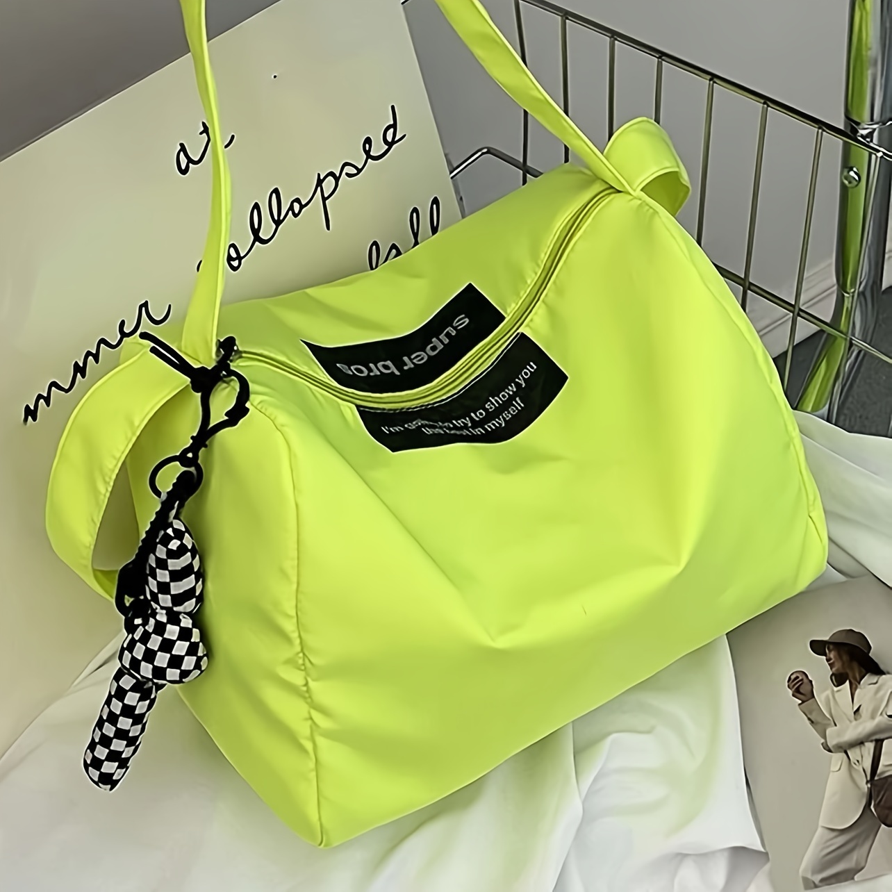 

Green Nylon Hobo Bag With Letter Patch And Checkered Bag Charm, Spacious Shoulder Bag With Zipper Closure For Women