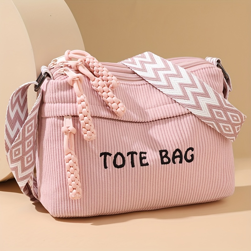 Image of Women's Corduroy Tote Bag With Adjustable Crossbody/shoulder Strap, Large Capacity Multi-pocket Handbag For Daily , Travel, Shopping,,, Blush,,,, Deep, Zipper Closure, Corduroy