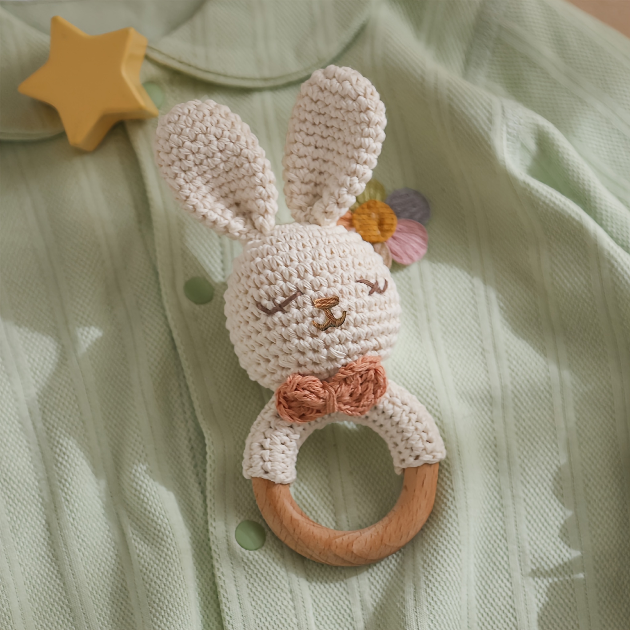Hand-Knitted Bow Tie Bunny Rattle Toy for Infants