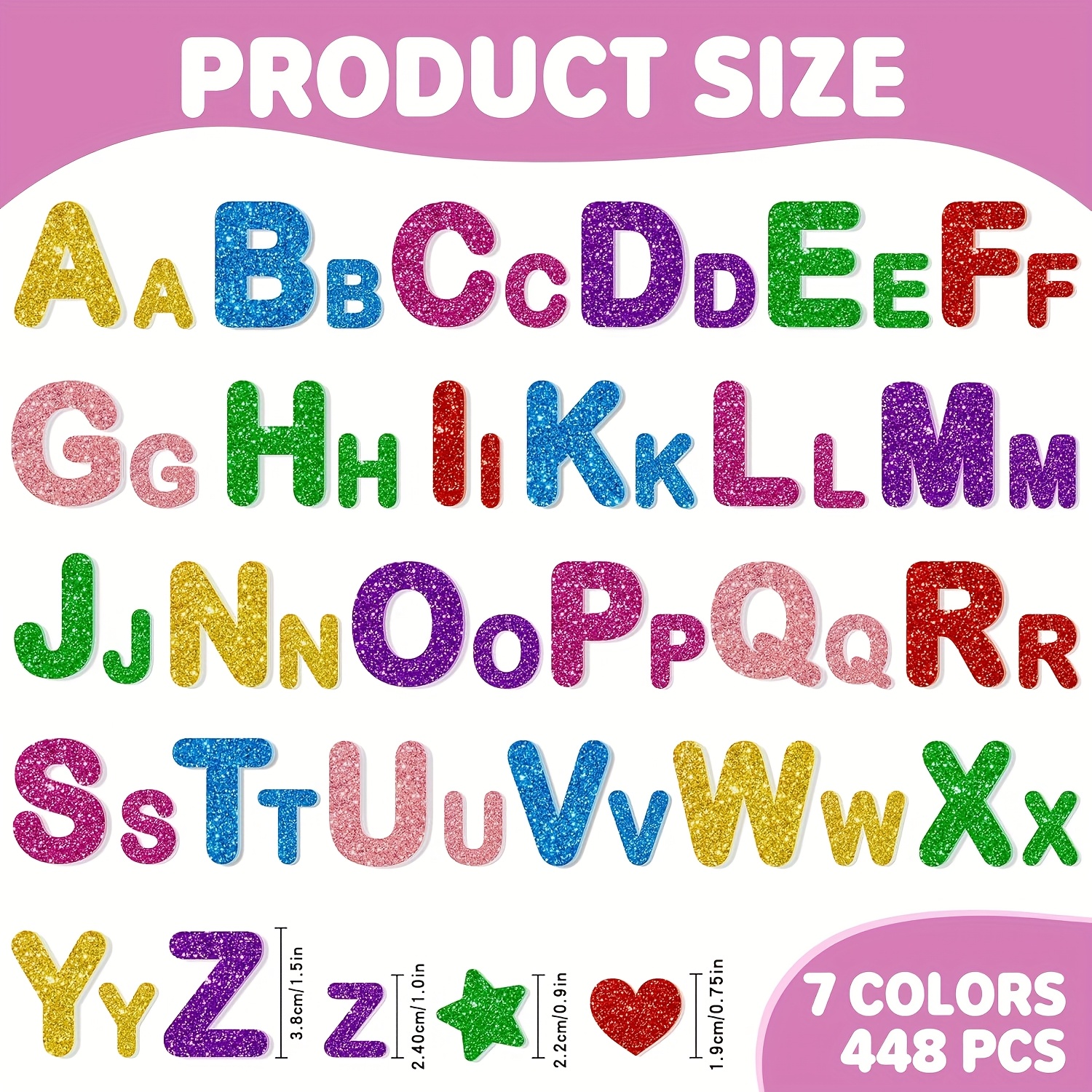 E-shop 448 Stück/7 Blatt Alphabet Aufkleber Glitzer Alphabet Aufkleber, Herz Stern Alphabet Aufkleber für Basteln Scrapbooking Party Dekorationen,
