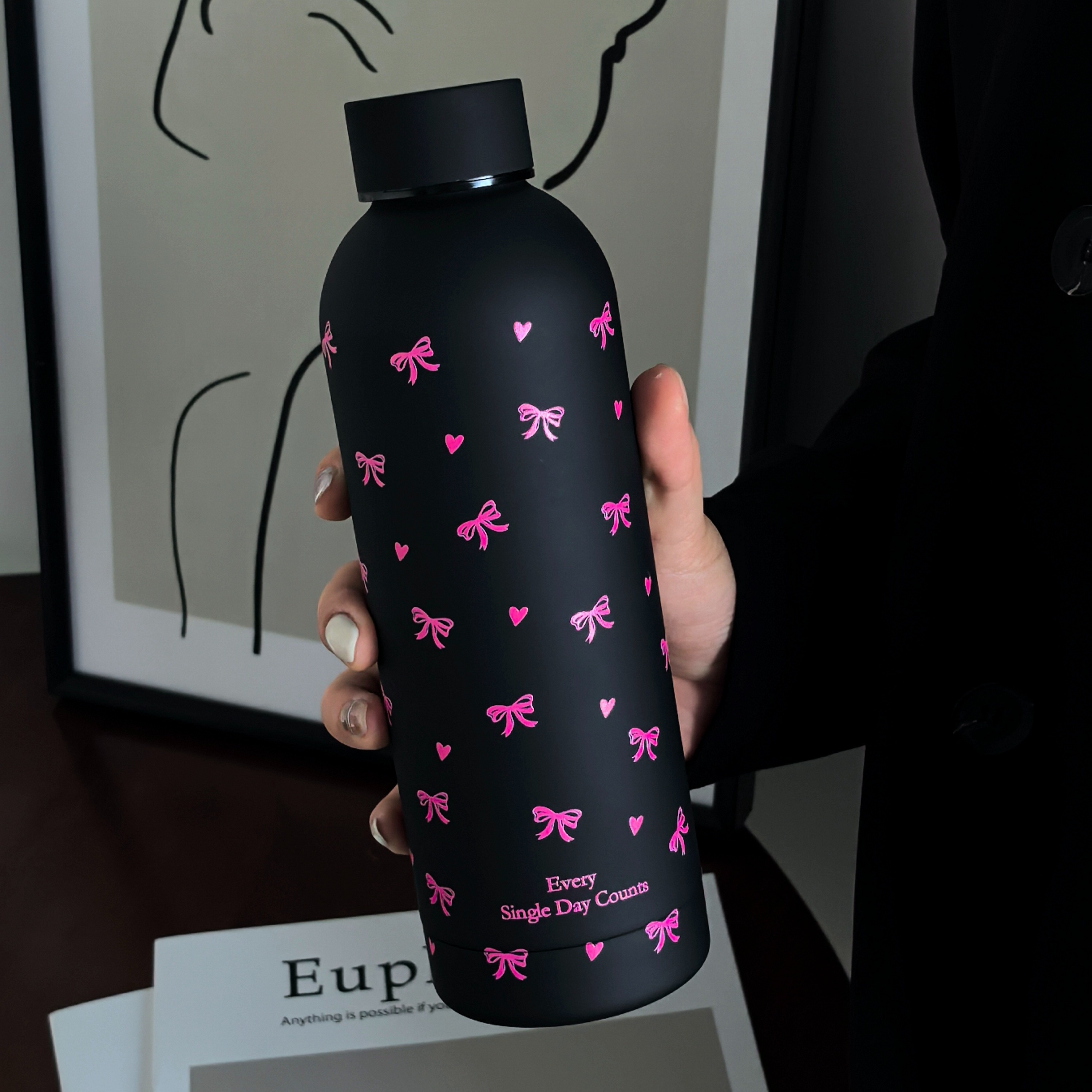 Chic Bow & Heart 17oz Stainless Steel Insulated Water Bottle - Double-walled, Vacuum For Hot And Cold Drinks, Perfect For Travel, Gym, Outdoor Activities, Coffee, Car Use - Reusable, Hand Wash Only