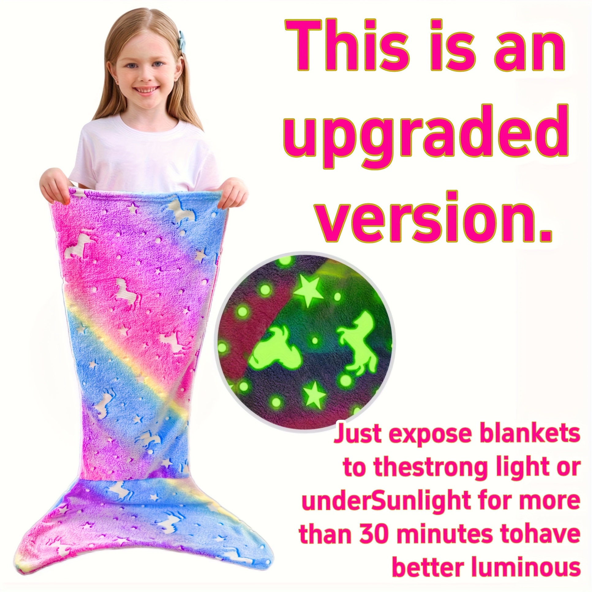 Image of 1pc Mermaid Tail Blanket - In The Dark - Flannel Mermaid Blanket Gift For Girls - Glowing Unicorn Super Soft Tie Dye - Unicorn 350 Gsm