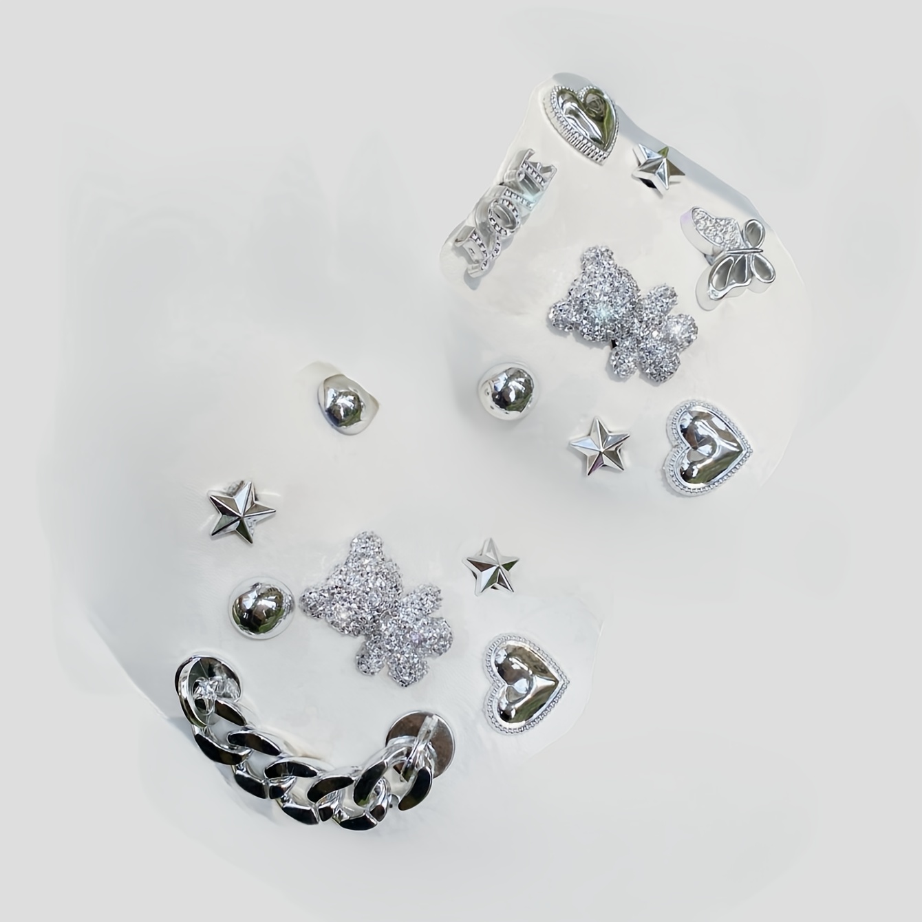 

15pcs Silvery Crystal Bear Chain Set Diy Fashion Accessories, Suitable For Hole Shoes, Sandals, Removable Shoe Ornaments, Holiday Gifts