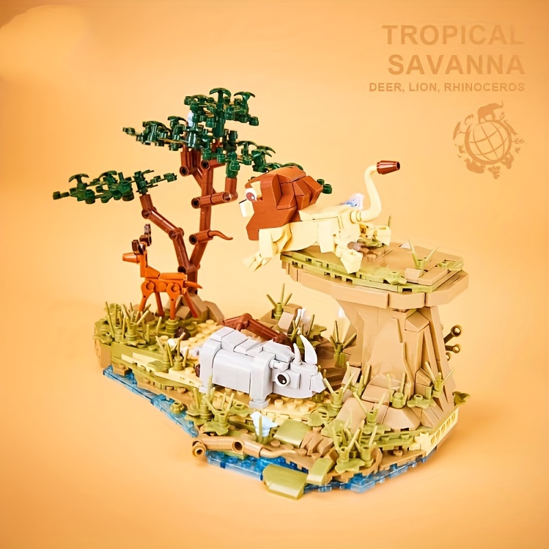jungle exploration forest tropical grasslands animal world building blocks tropical savanna lion king bricks desktop ornaments model assembly toys gifts details 1