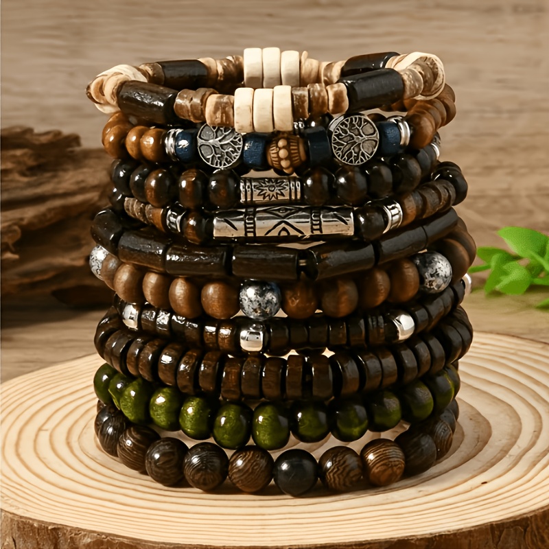 TEMU 10pcs Bohemian Style Fashion Wooden Bead Beaded Handmade Couple Bangle Bangle Bracelet Combination Bangle Bangle Bracelet Gift For Men And Women
