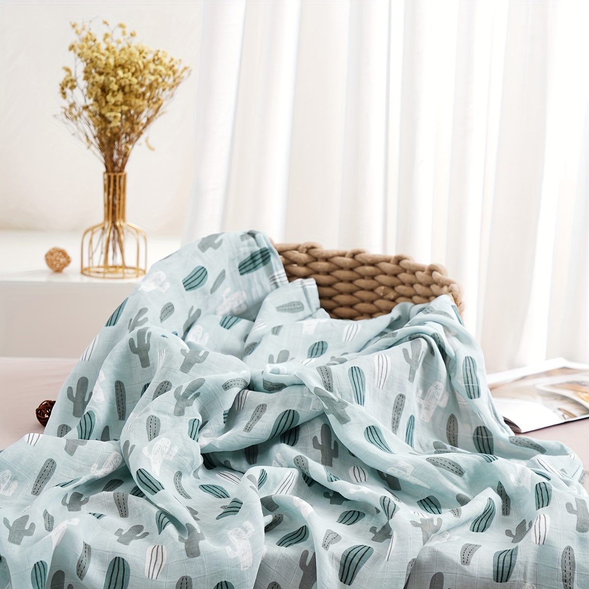 

Bamboo Cotton Muslin Blanket, Plant Print Cover For Home And Travel Use