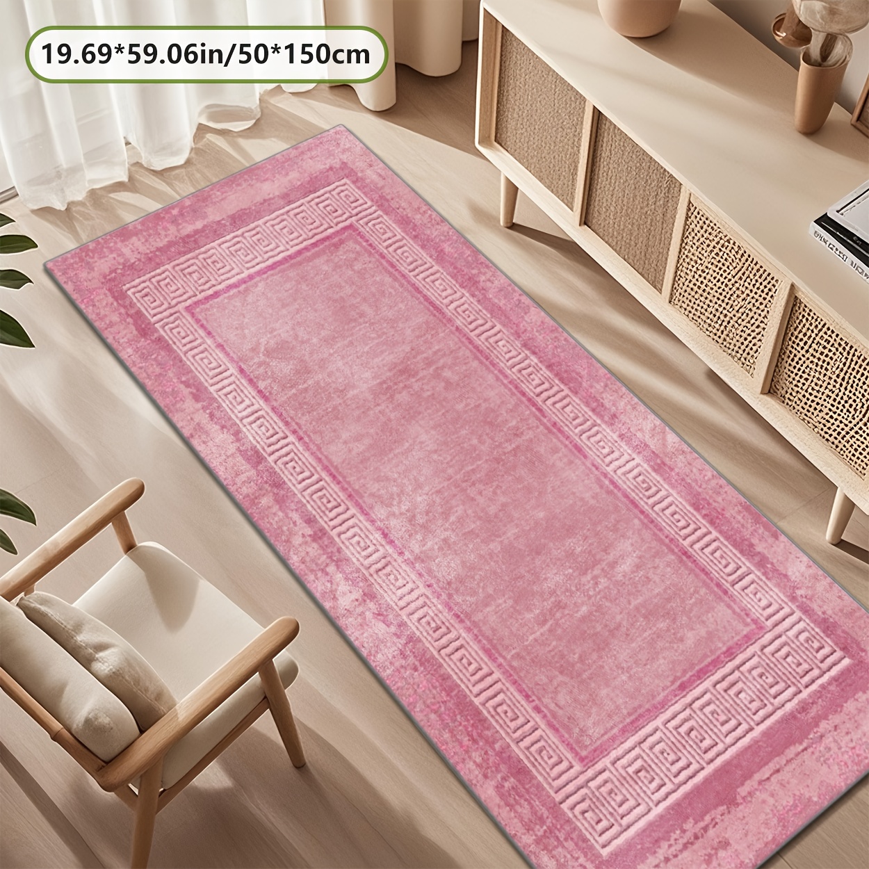 TEMU Zulida Extra-long Pink - 800gsm Heavyweight Polyester Mat With Non-slip Dot Plastic Backing, Soft With Greek Key Pattern, Machine Washable Large