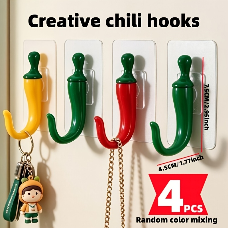 TEMU 4pcs Chili Pepper Shaped Wall Hooks - Suitable For Doors And Hallway Decoration - Plastic No-drill Installation Coat Hooks - Chili Pepper Shaped