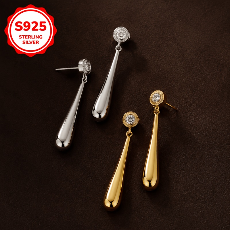 S925 Sterling Silver Inlaid Zircon Water Drop Stud Earrings