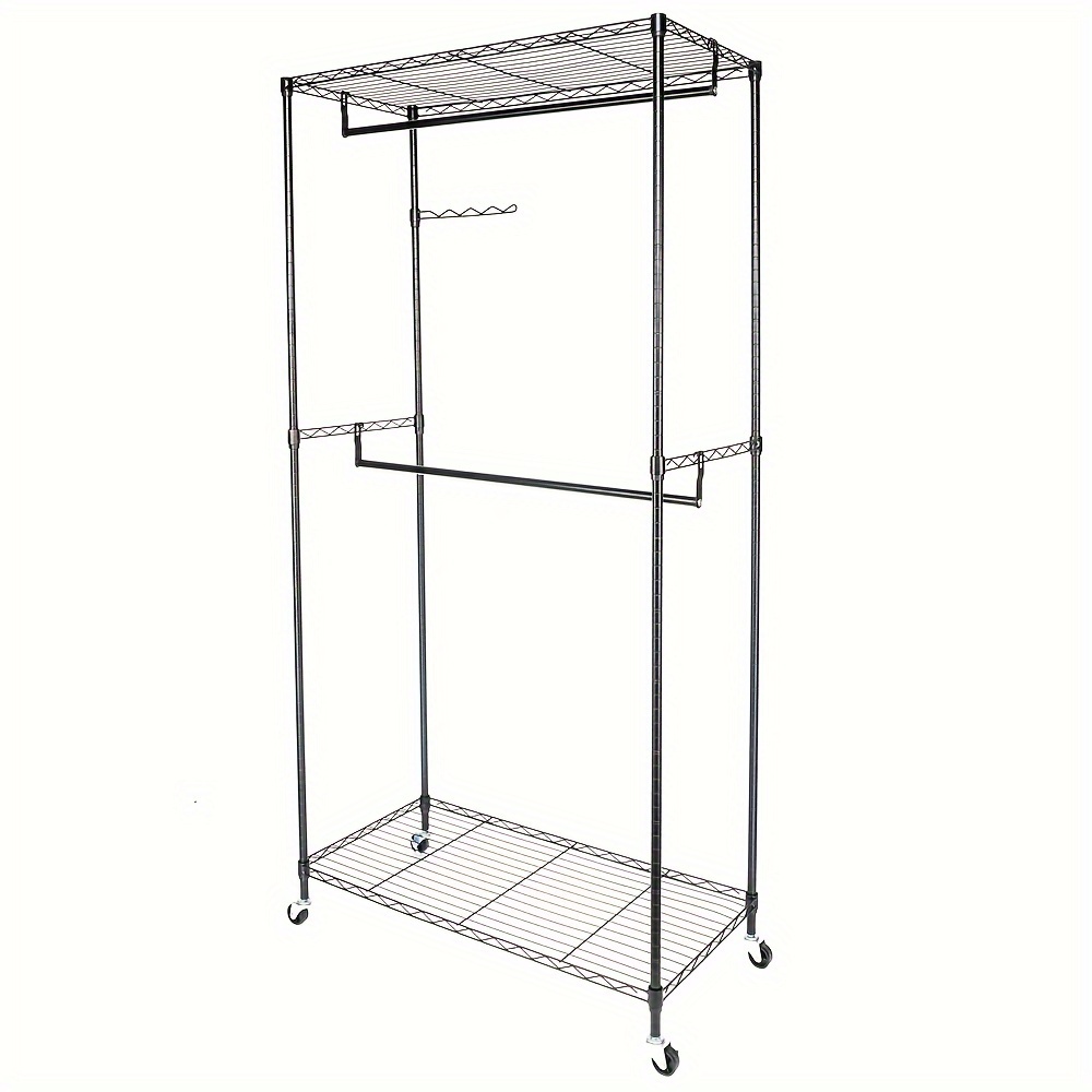 

Adjustable Carbon Steel Clothes Rack, 35.4x17.7x70.9 Inches, Black Rack With Wheels, Hook, Open Wardrobe For Clothes And Hats Storage, Coat Rack, Storage Shelf, For Hotel