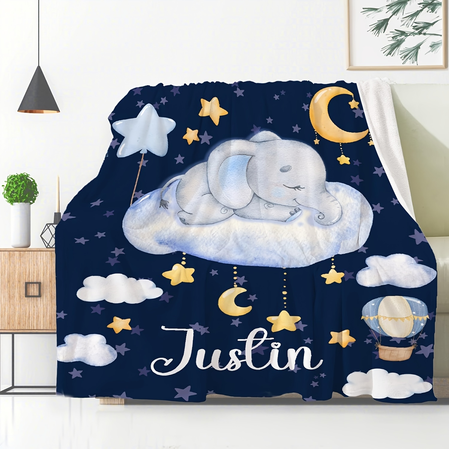 

Custom Name Elephant & Clouds Flannel Throw Blanket - Couch, Bed, Office, And Outdoor Use - , Hypoallergenic, Machine Washable