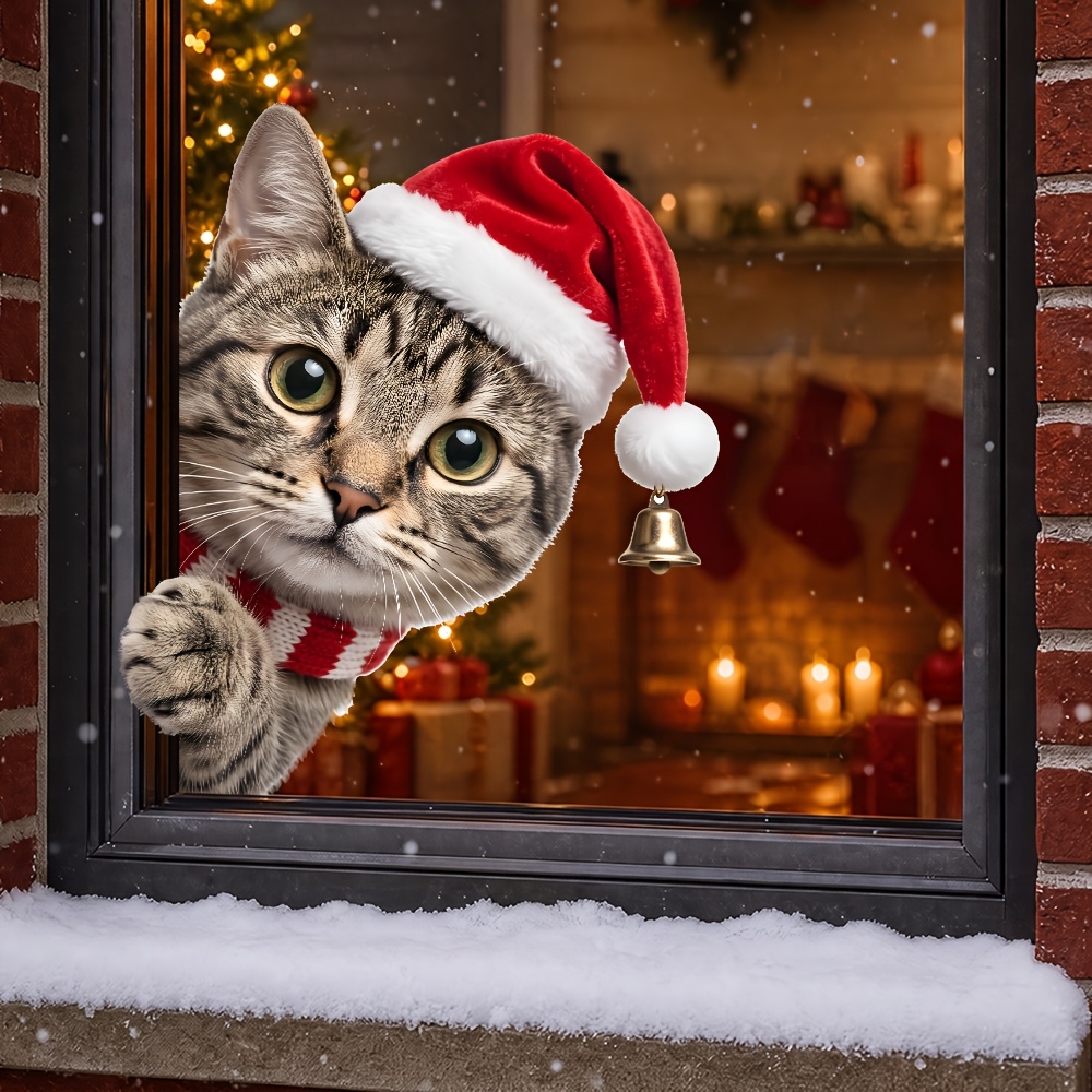 TEMU 1pc 2d Winter Christmas Kitten Glass Sticker, Peeking To See Snowflakes And Snowy Scenery, Home Store Window Decorative Stickers