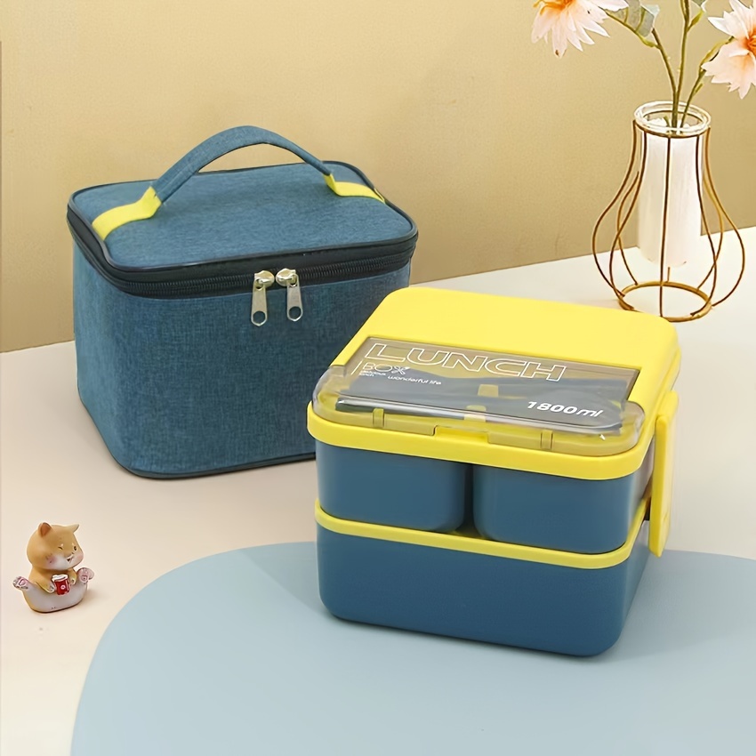 

2l Square Plastic Lunch Box With Insulated Bag, Hand Washable Sealed Portable Food Container, Manual Operation, No Electricity Required