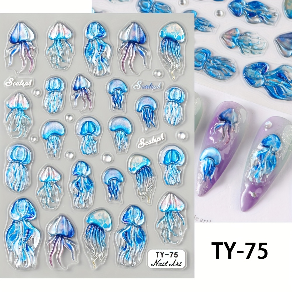 Image of Ocean-themed Nail Stickers, 5d Embossed Soft Gel 3d Aurora Jellyfish Octopus Self-adhesive Nail Decals, Nail Art Stickers For Women And
