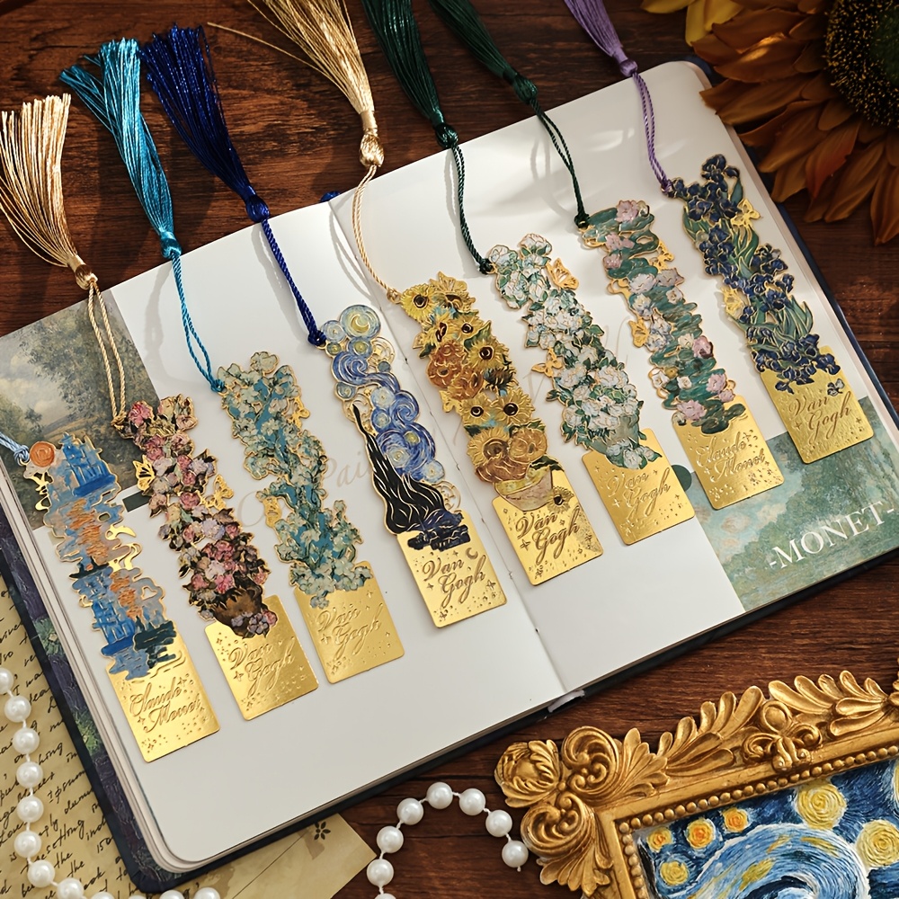 8pcs Vintage Metal Bookmarks, Artistic Painting Retro Hollow With Long Tassel, For Book Lovers Students Office School, Reading Tool & Book Holder Stationery, Creative Gift For Readers
