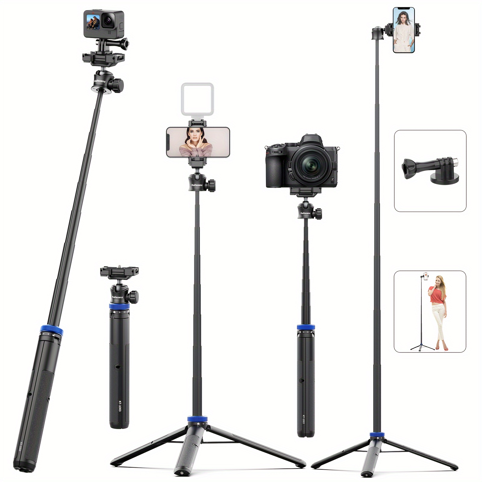 Image of Selfie Stick Phone Tripod, 64" Extendable Phone Vlog Tripod Stand With 2-in-1 Phone Clip, 360° Ball Head Camera Tripod For Iphone , Lightweight Cellphone Tripod For Travel Fold