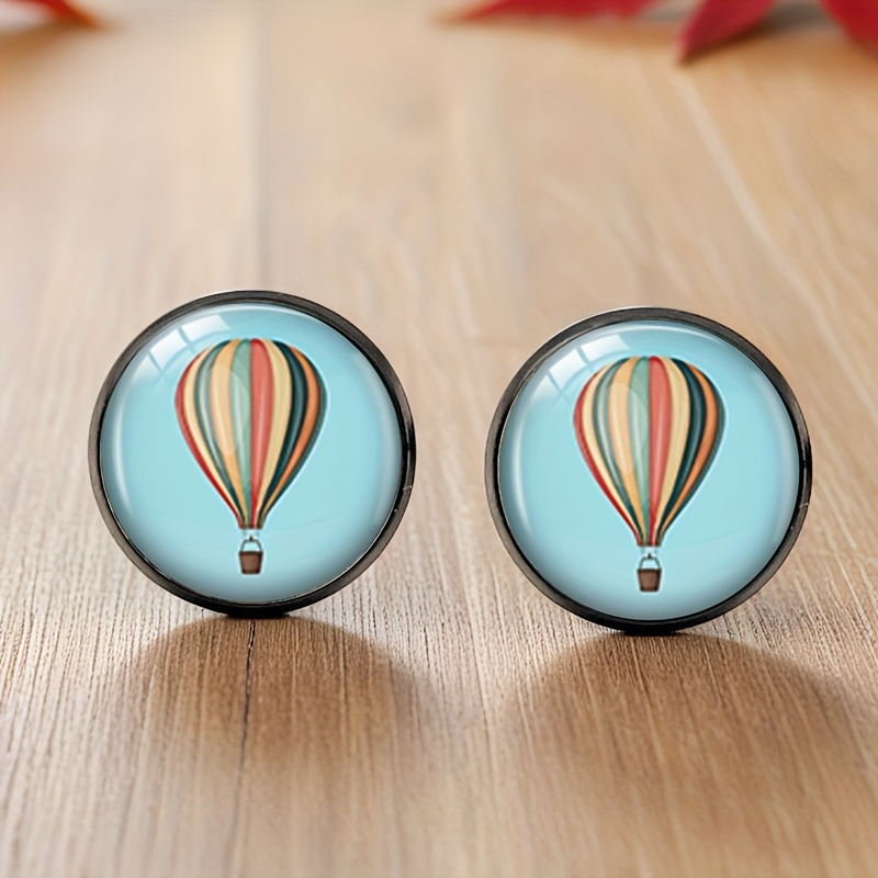 TEMU 1 Pair Hot Air Balloon Black Stud Earring Round Glass Cabochon Earrings Handmade Jewelry