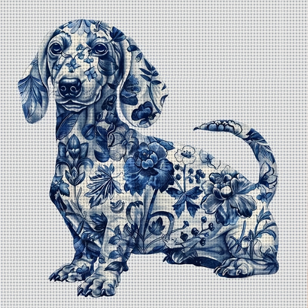 TEMU 1 Set Of 11ct Frameless Diy Cross Stitch Kit-dachshund With Blue Floral Patterns,suitable For Adults And Beginners To Relax, Handmade Embroidery