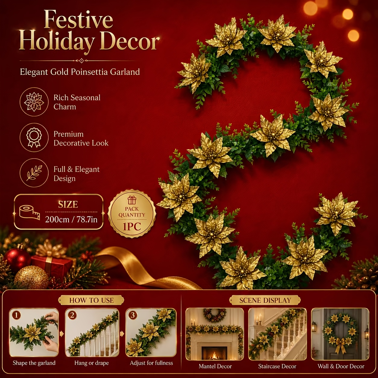 TEMU Christmas Artificial Merino Norfolk Pine Needles With Golden Poinsettia Christmas Decorative Vine, Lifelike Artificial Flowers, Suitable For