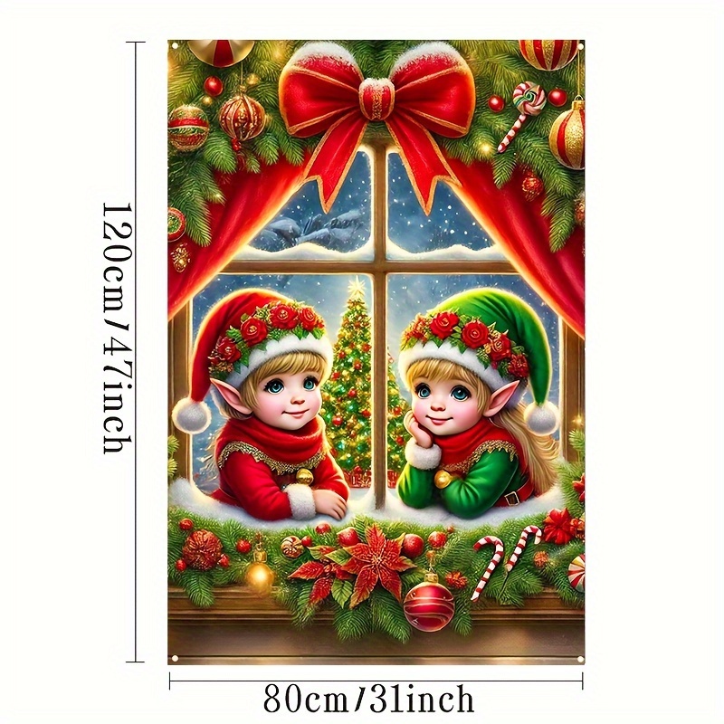 2d Flat Christmas Elf Window Decoration - Festive Holiday Banner With Santa Hat, Scarf & Gift Decor, Vibrant Red & Green Polyester Design For Indoor Or Outdoor Use, Christmas Decoration