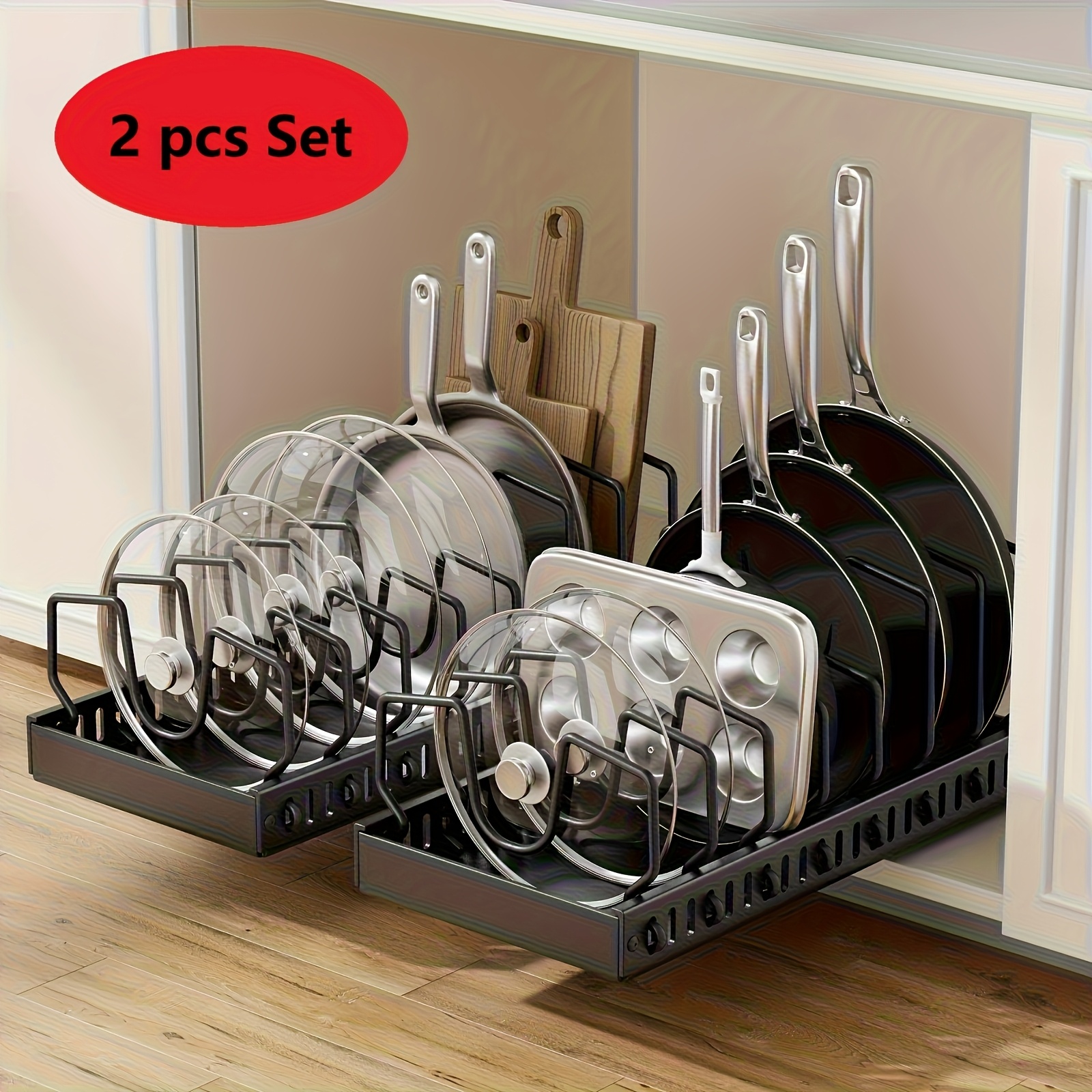 TEMU 1/2 pièces Ensemble d'Organisateur de Placard en Métal Fer Durable avec 8 Étagères Réglables, Finition pour Casseroles et Poêles, Rangement de