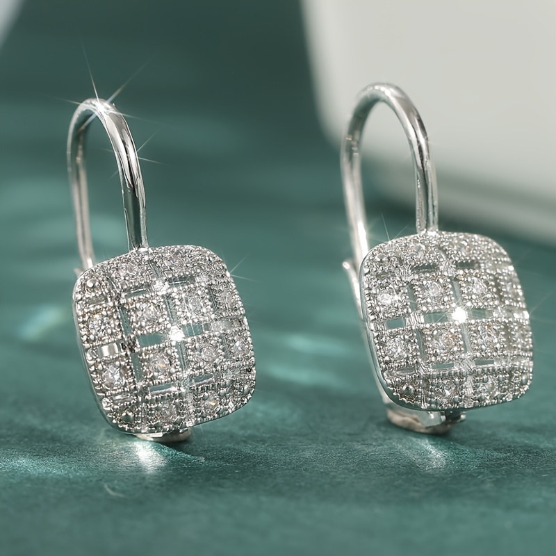 Image of Luxurious Block Copper Material Handcrafted With White Synthetic Zirconia Earrings, Women's Hook Shaped Hoop Earrings, Classic Engagement Party Earrings