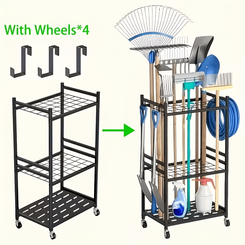 TEMU 1pc Heavy-duty Rust-resistant Carbon Wheel Garden Tool Storage Rack: Multi-tier Shelving Organizer Stand For Lawn Mowers, Shovels, And